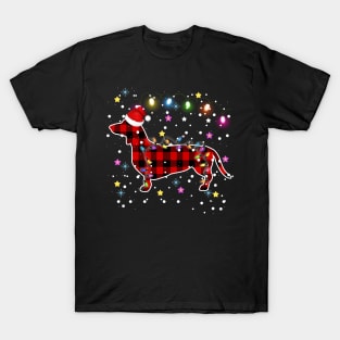 Buffalo Plaid Christmas Paw Dog with Santa hat & Lights T-Shirt